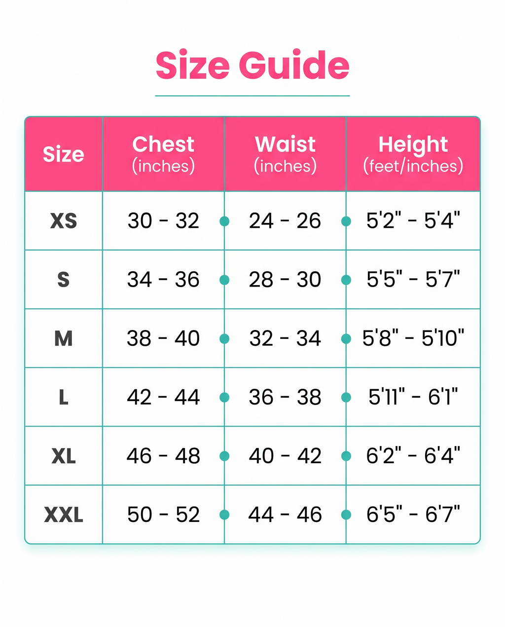 Size guide XS to XXL