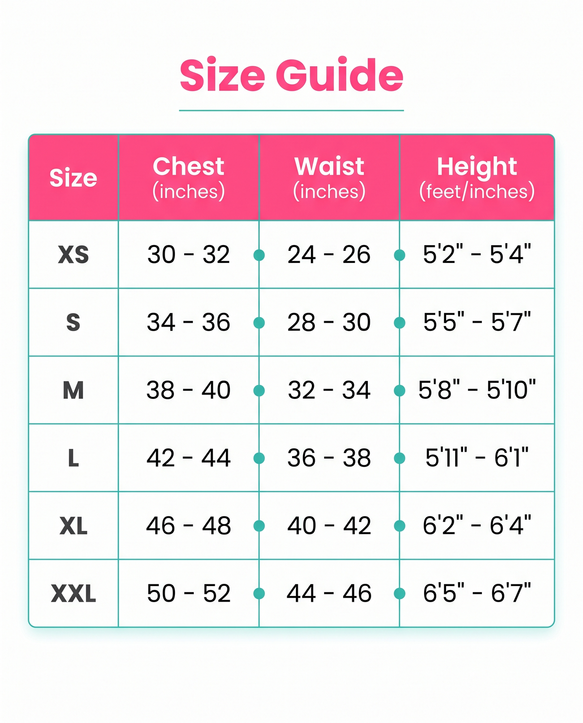Size guide XS to XXL