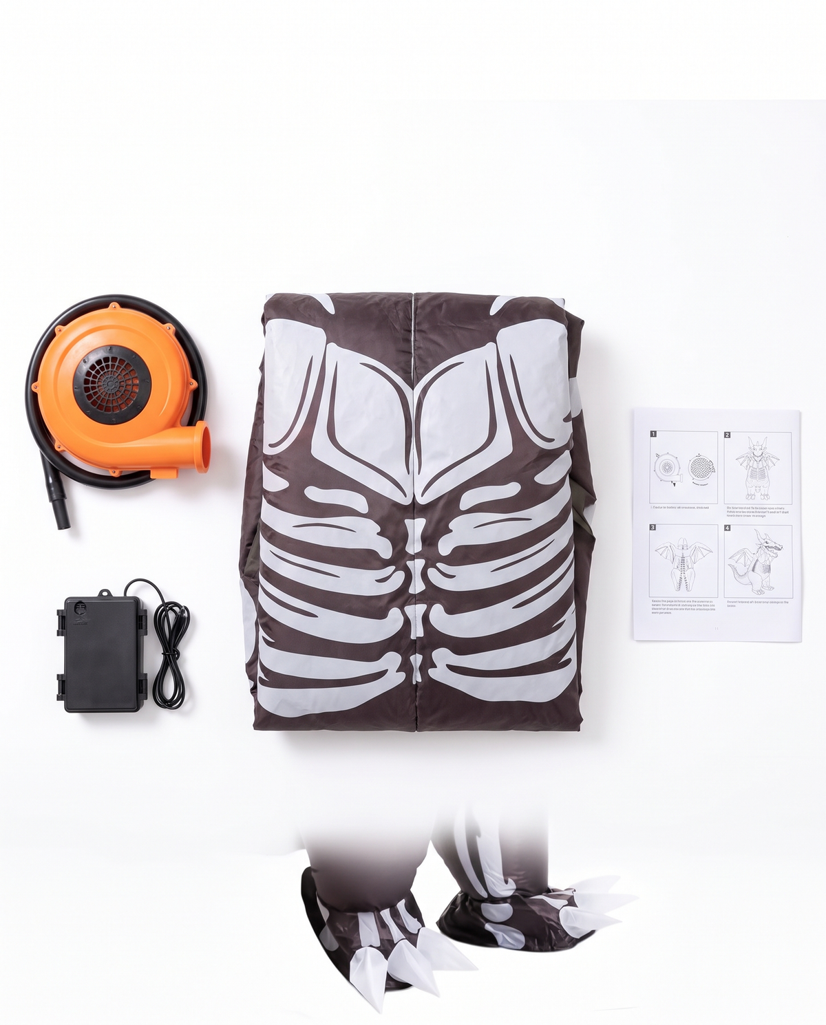 Inflatable dragon suit with pump, battery pack and instructions