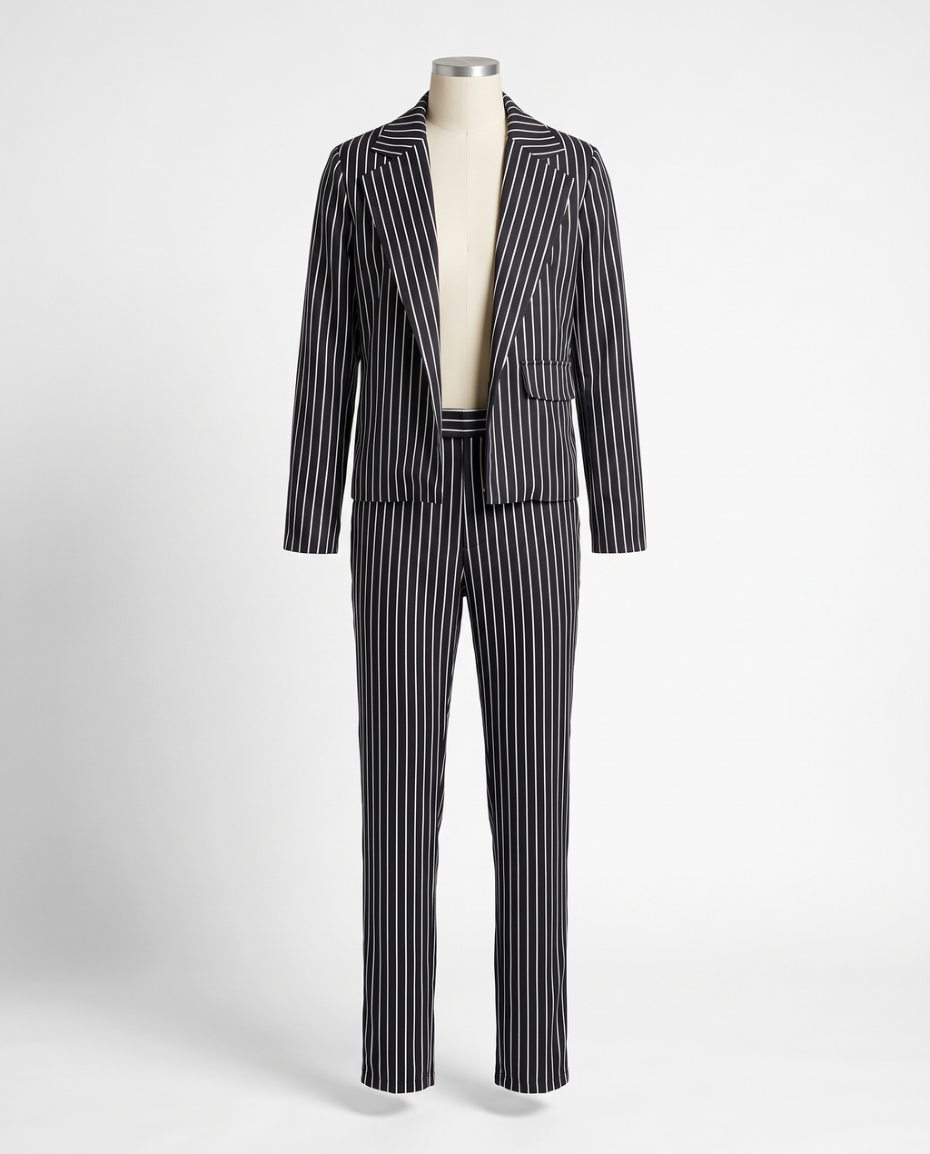 Pinstripe suit jacket and pants on white background