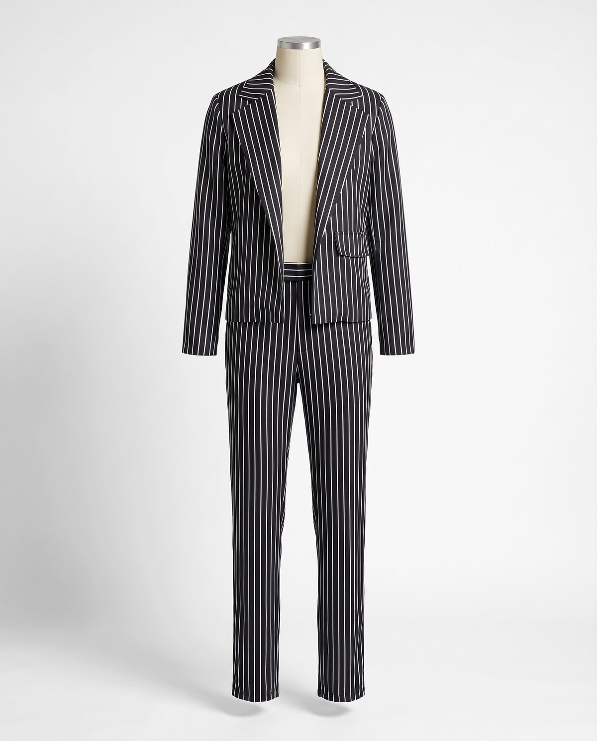 Pinstripe suit jacket and pants on white background