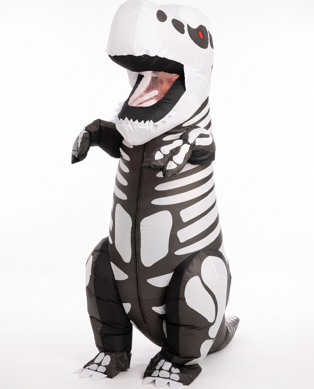 Skeleton T-rex inflatable costume on white background
