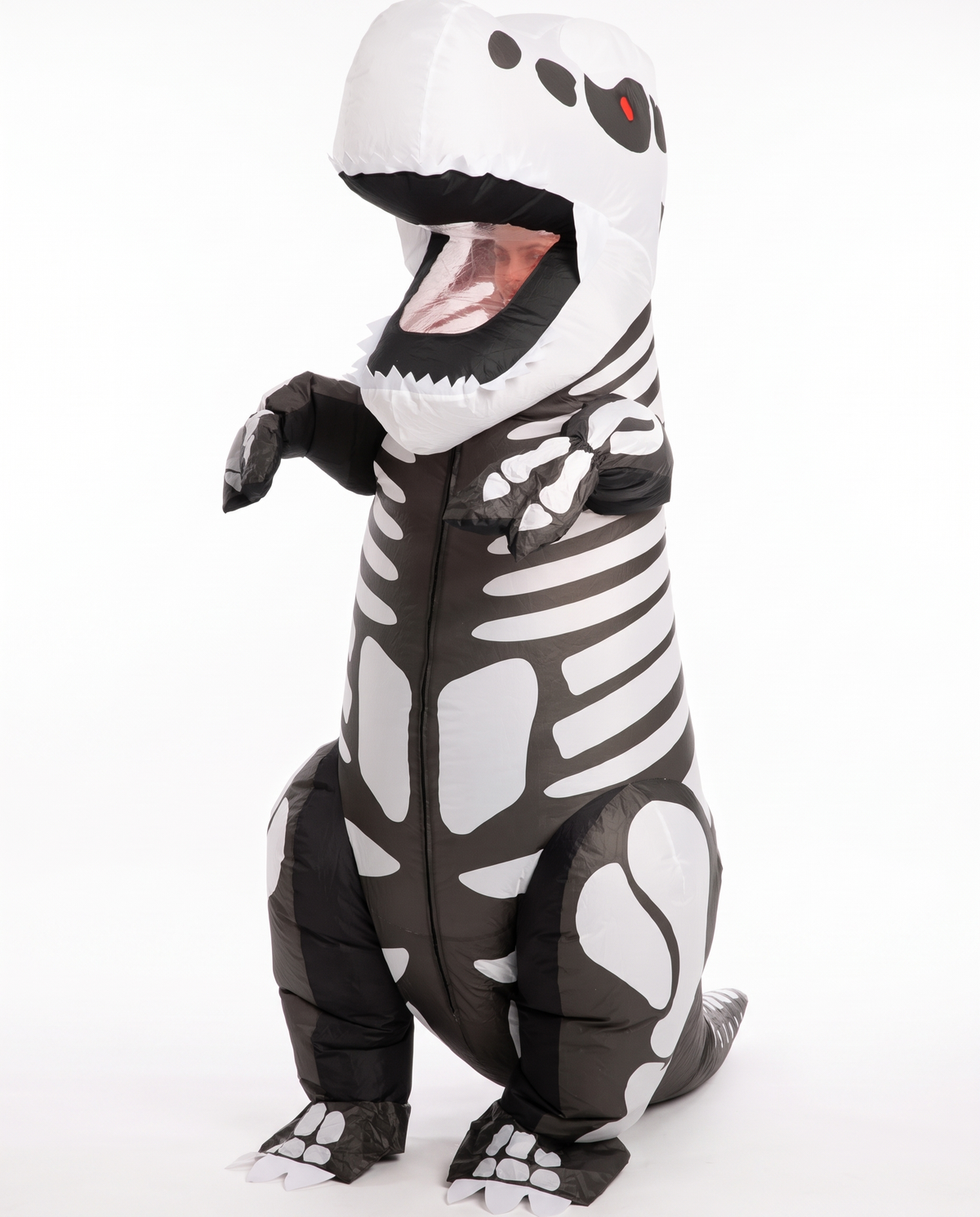 Skeleton T-rex inflatable costume on white background