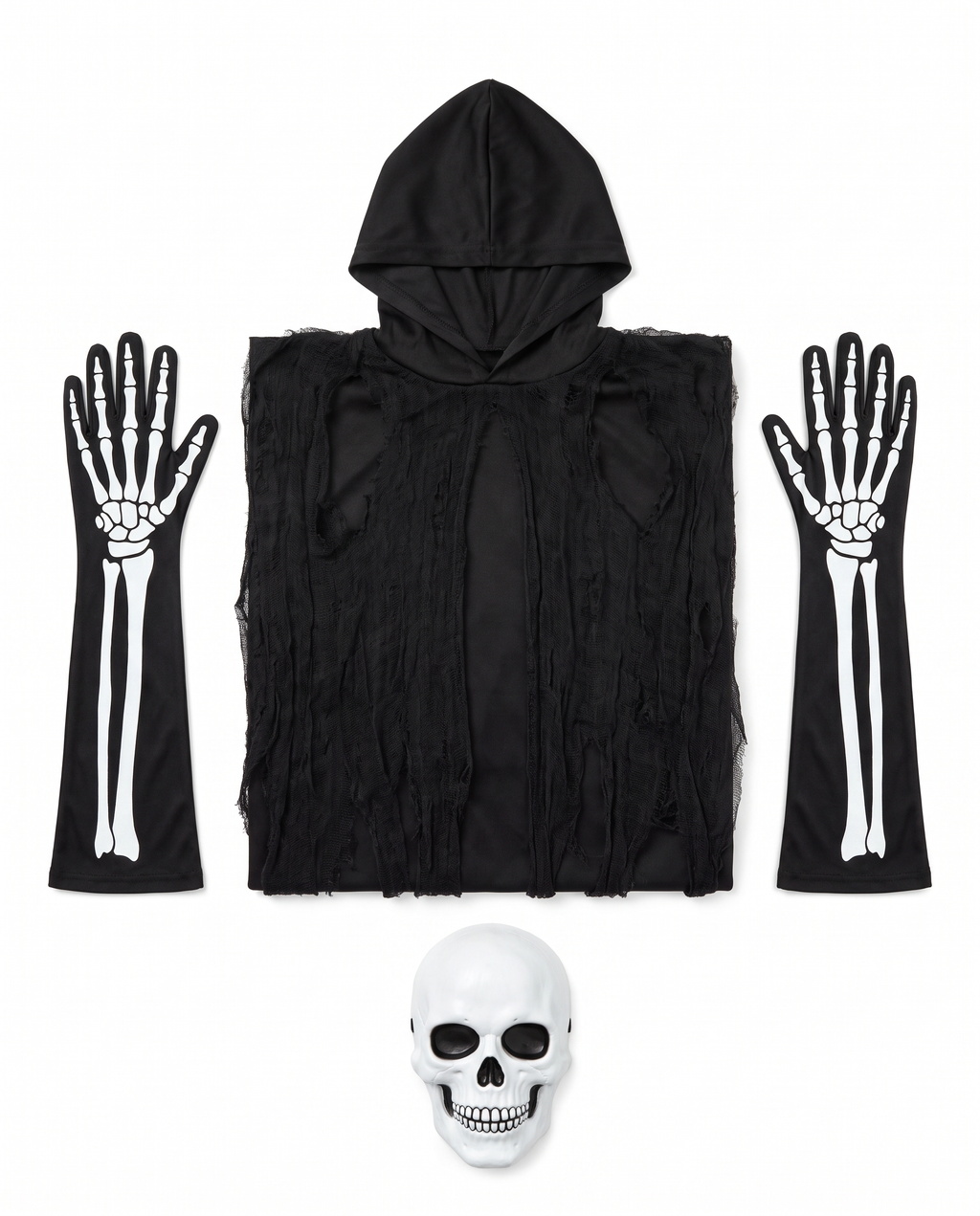 What's included flat lay of reaper poncho, mask and gloves