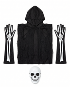 What's included flat lay of reaper poncho, mask and gloves