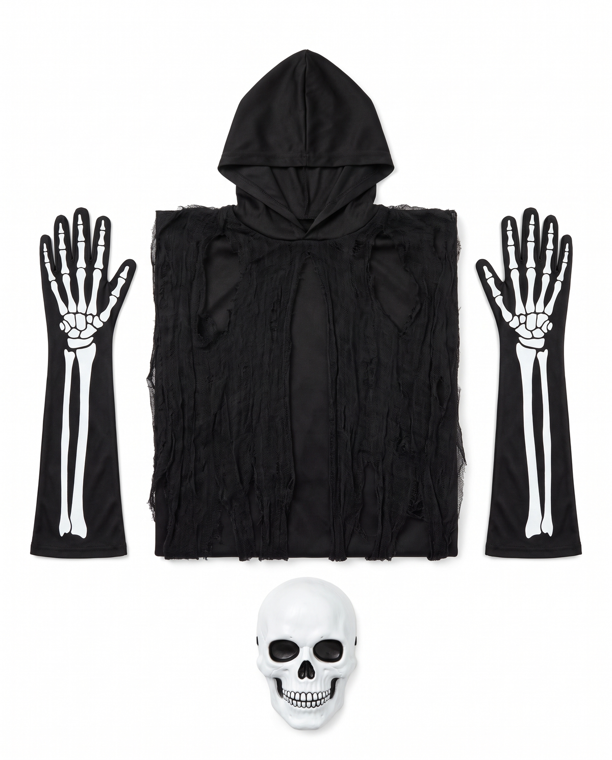 What's included flat lay of reaper poncho, mask and gloves