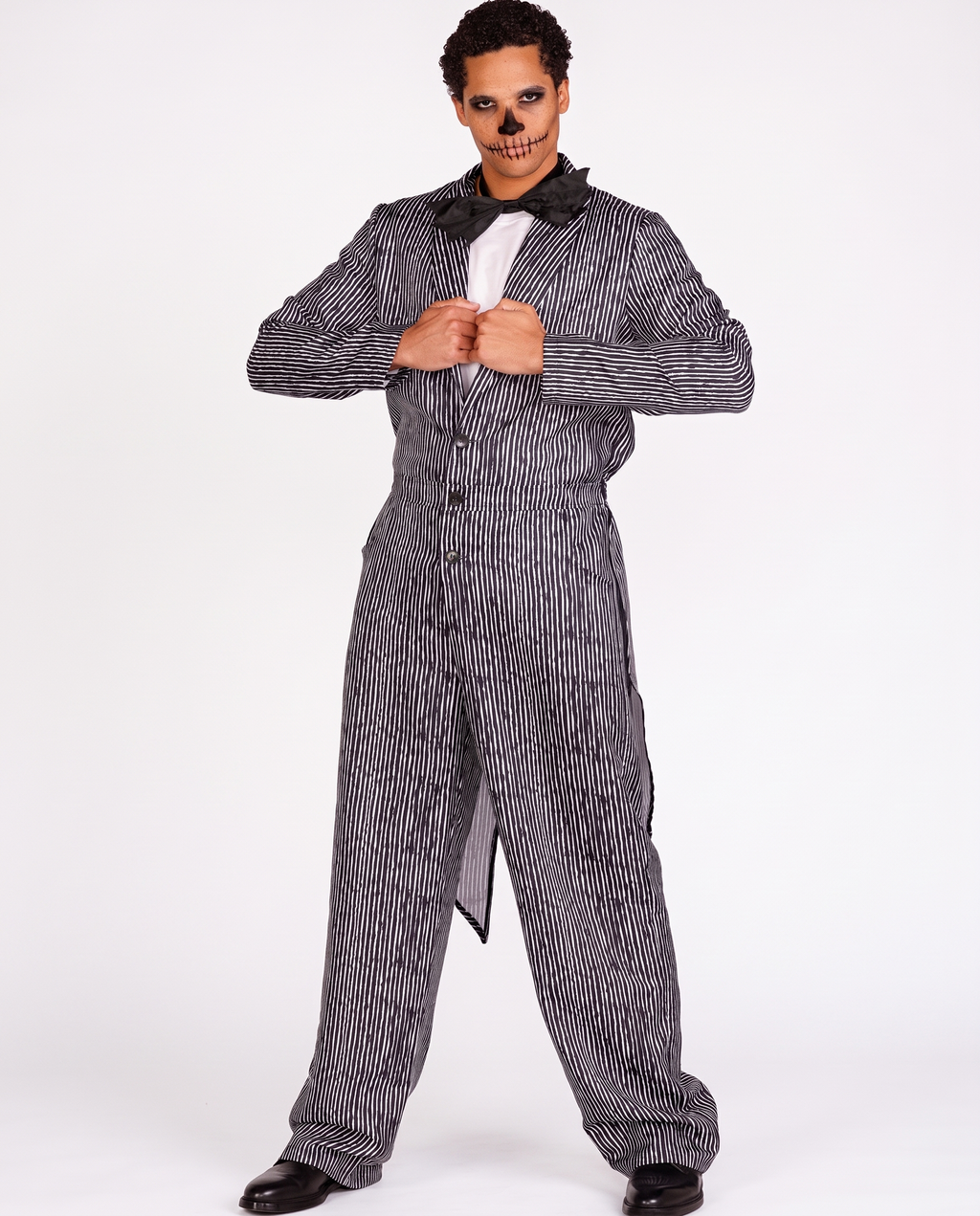 Man wearing pinstripe skeleton tailcoat jumpsuit
