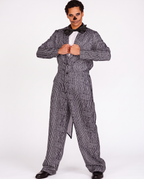 Man wearing pinstripe skeleton tailcoat jumpsuit