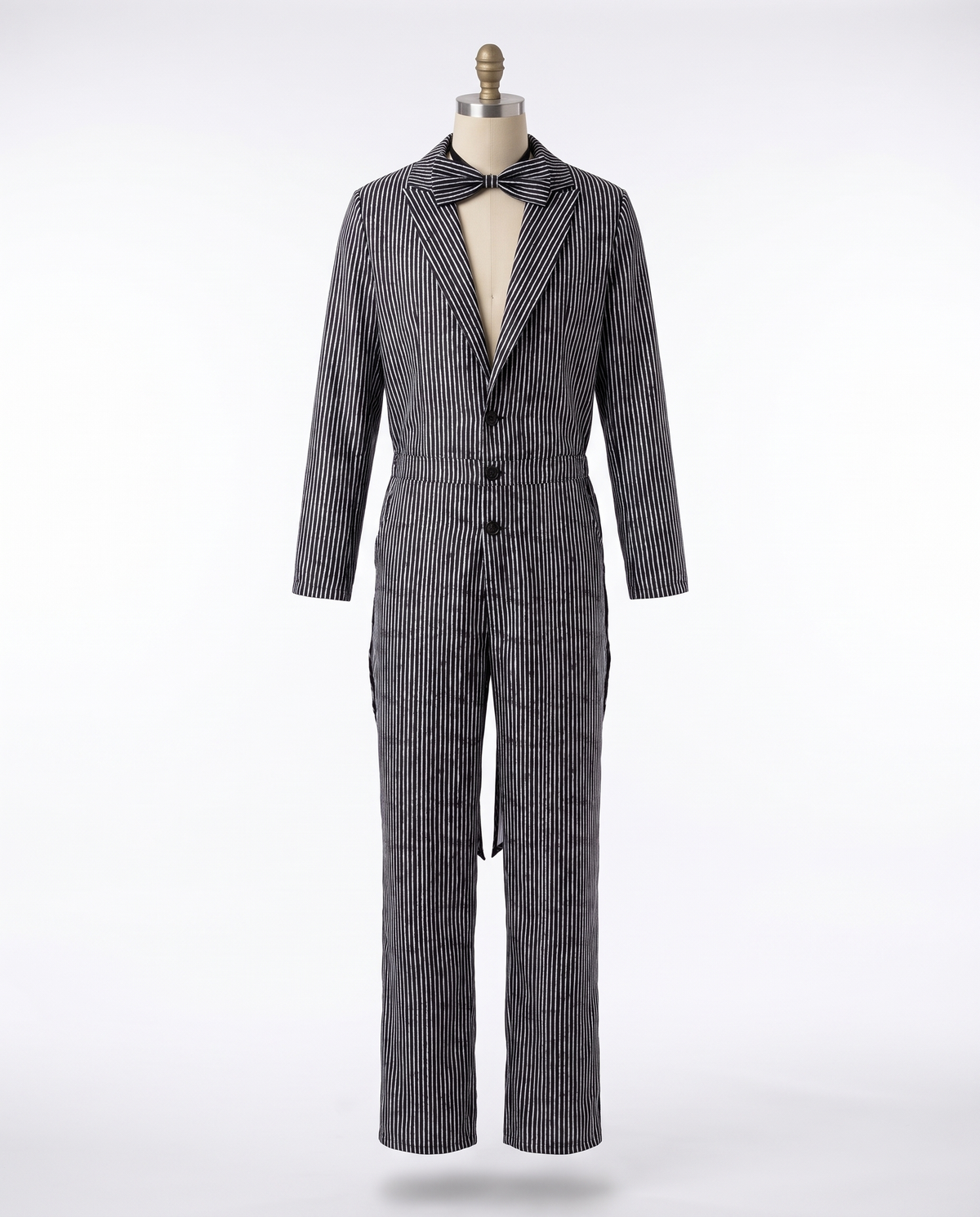 Pinstripe tailcoat jumpsuit on white background