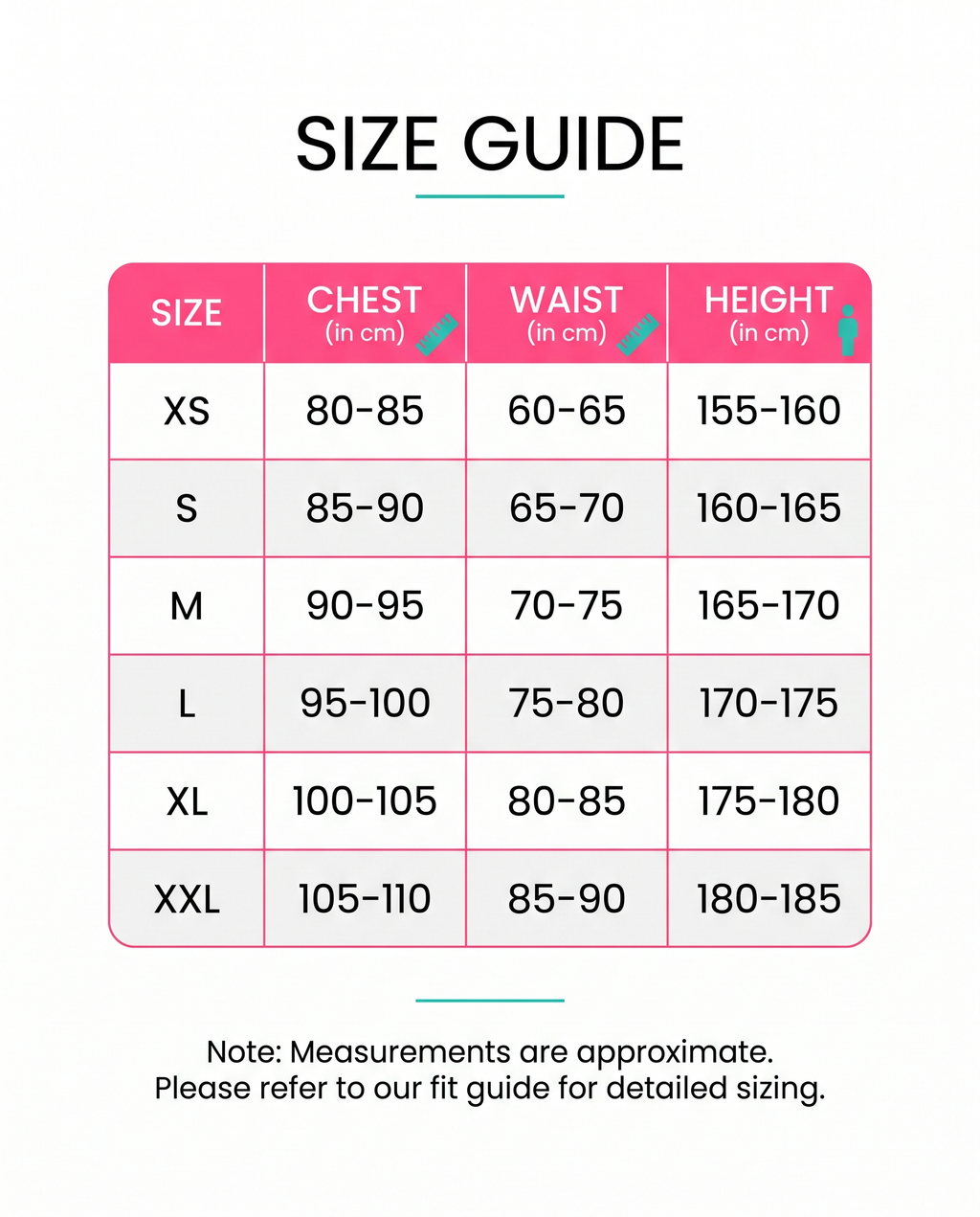 Size guide XS to XXL