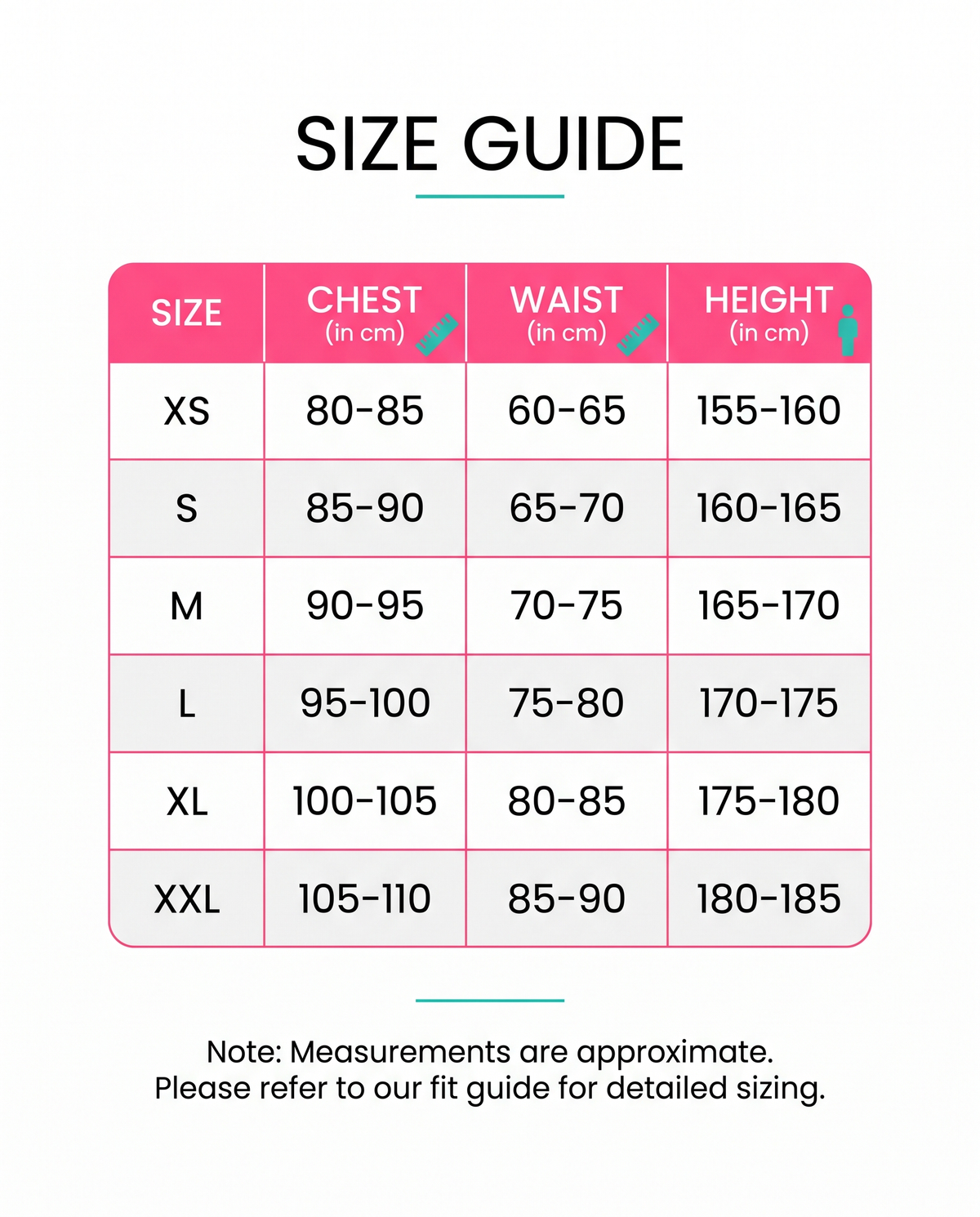 Size guide XS to XXL