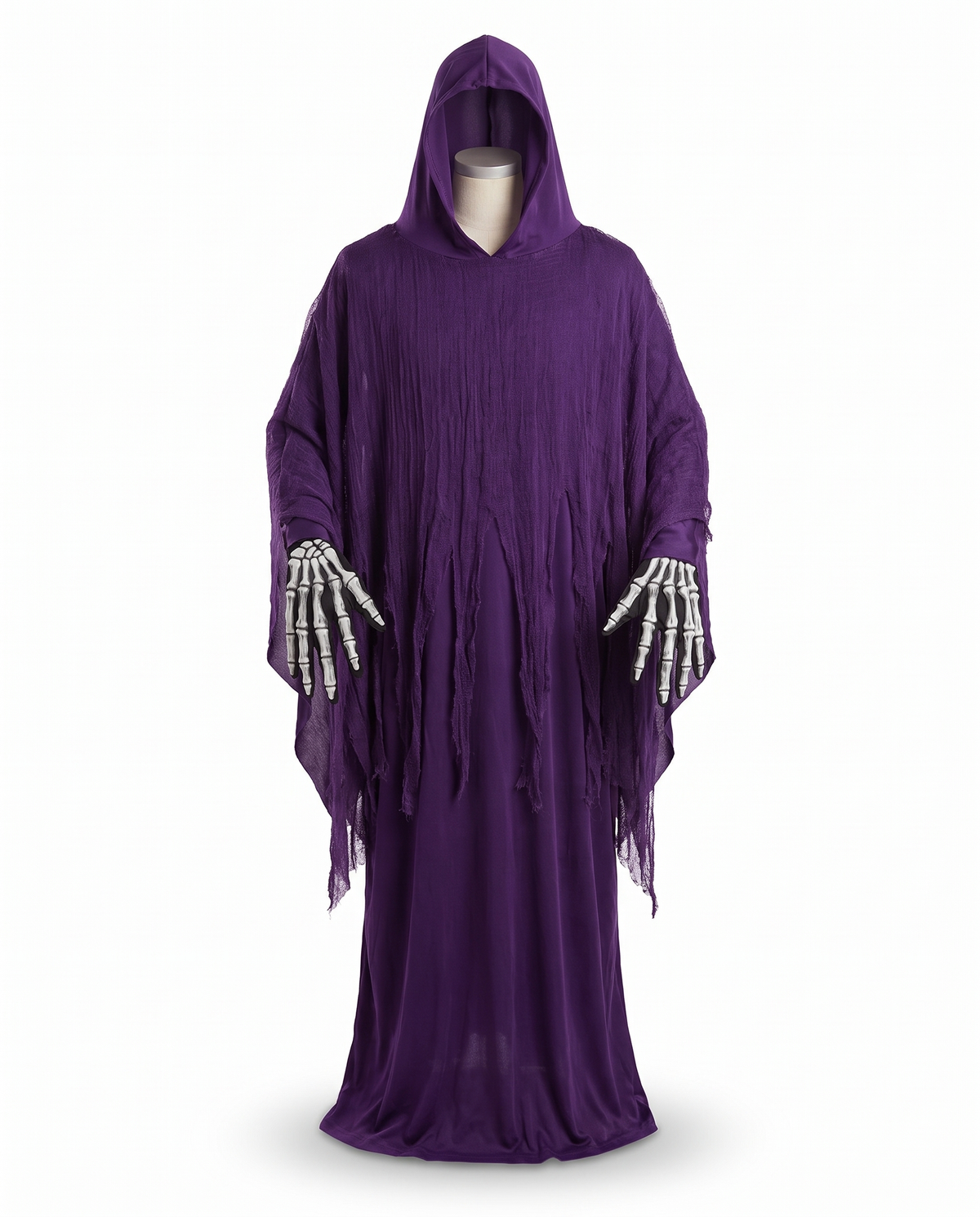 Skeleton reaper poncho costume on white background