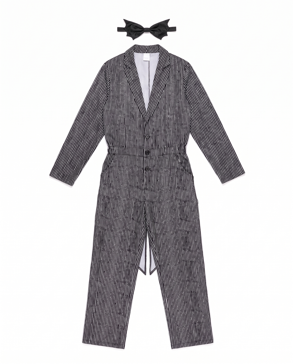 Pinstripe jumpsuit and bat bow tie flat lay