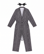 Pinstripe jumpsuit and bat bow tie flat lay