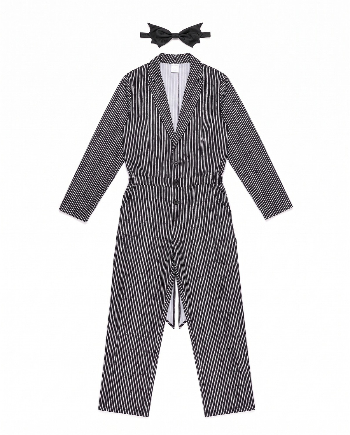 Pinstripe jumpsuit and bat bow tie flat lay