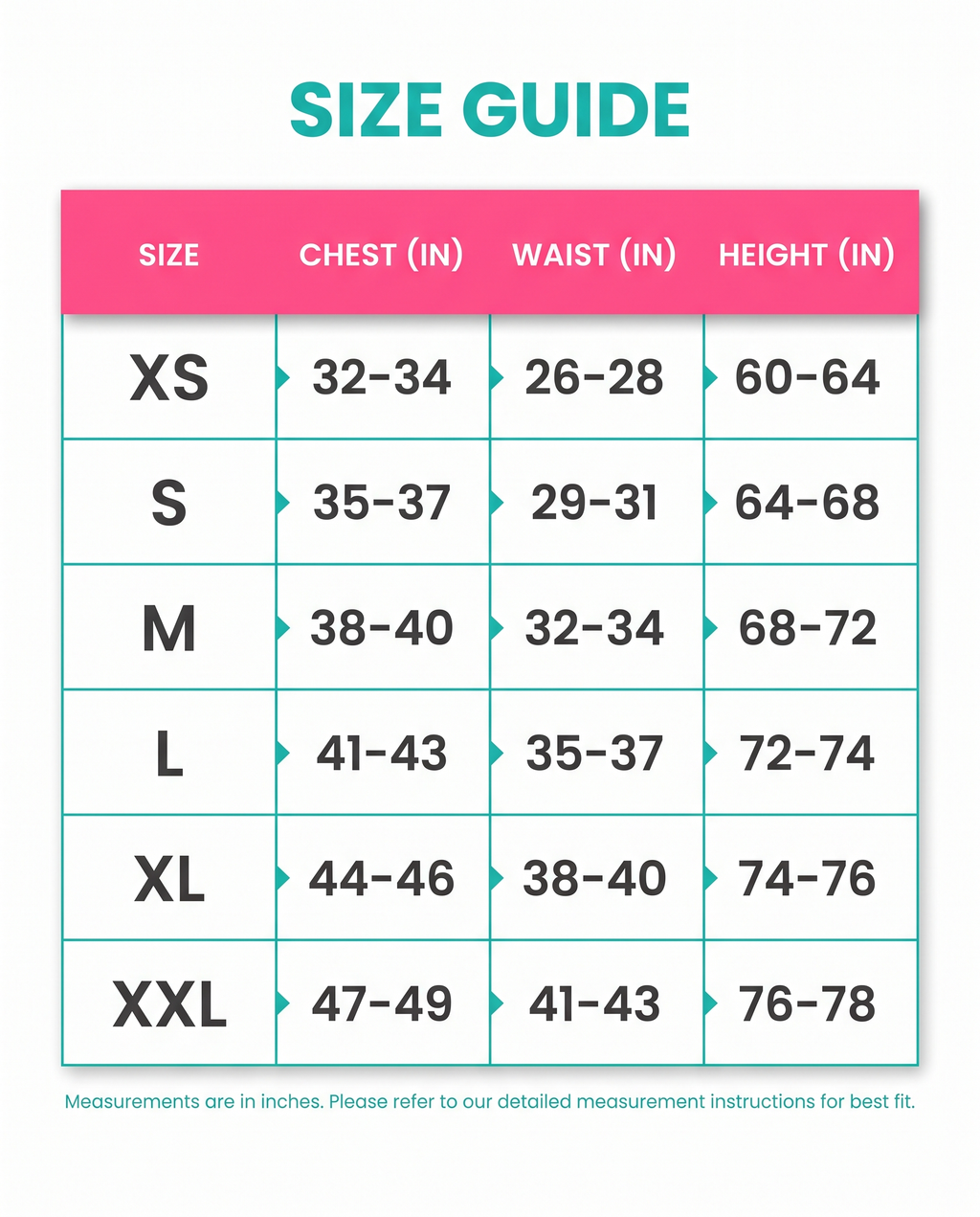 Size guide XS to XXL