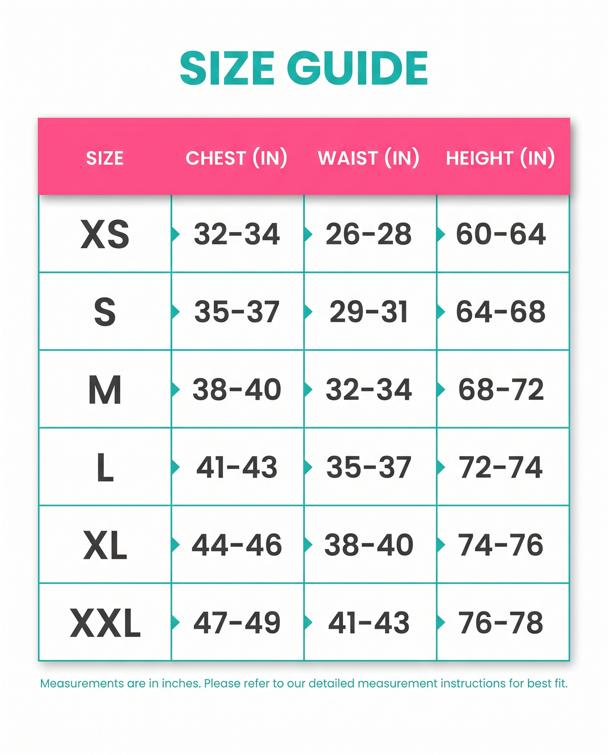 Size guide XS to XXL