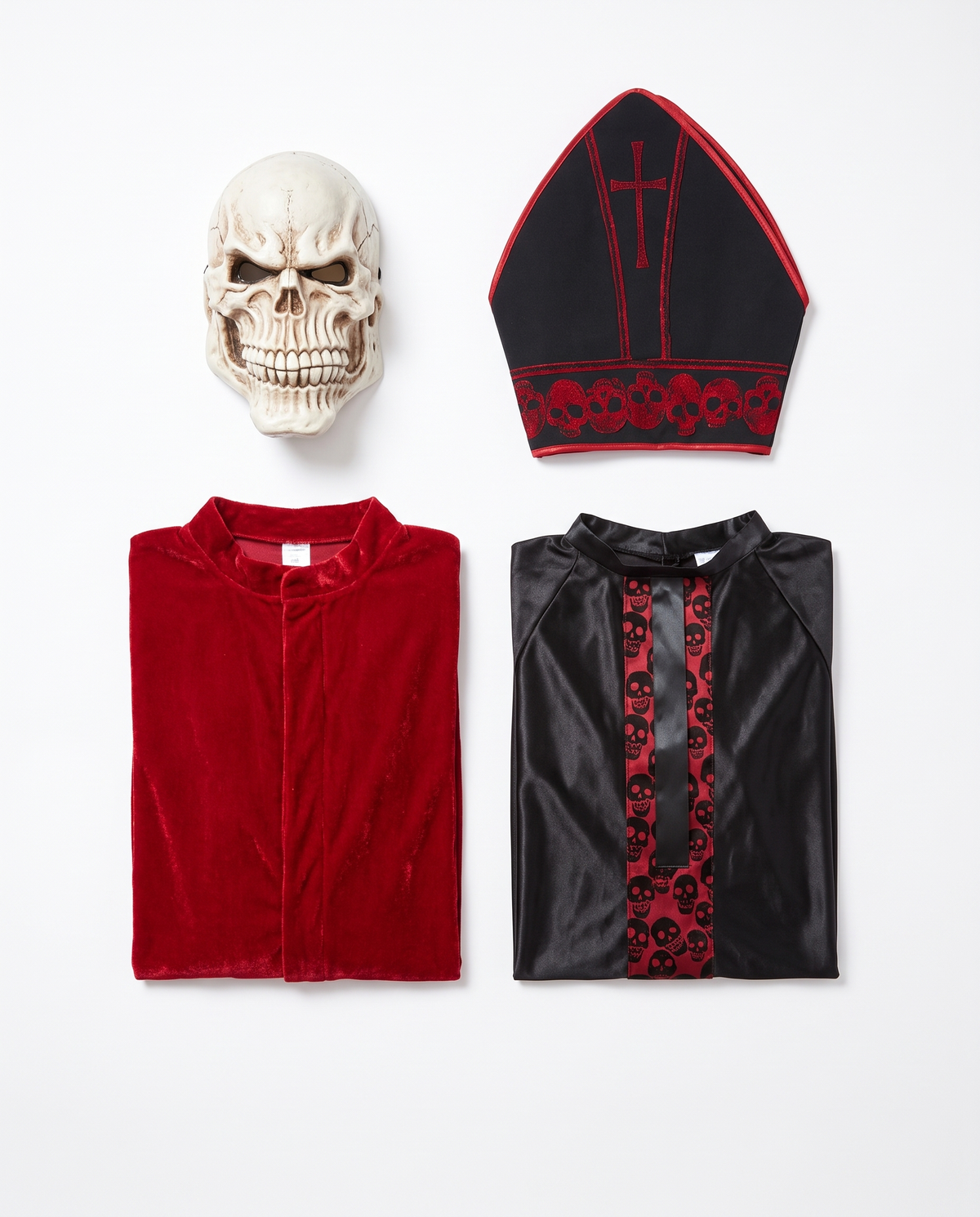 What's included flat lay of robe, poncho, hat and mask