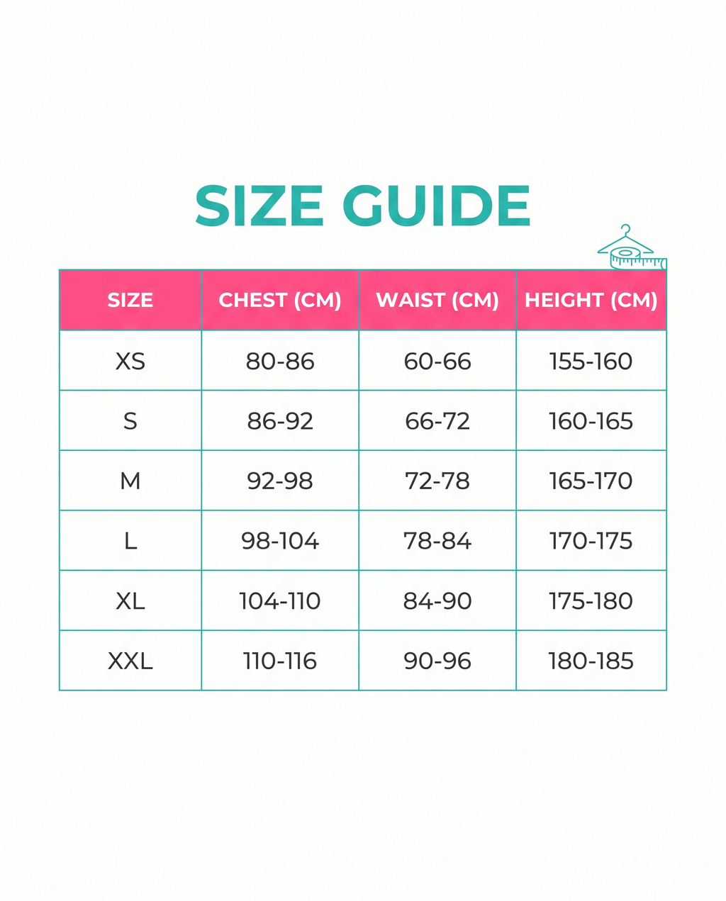 Size guide XS to XXL