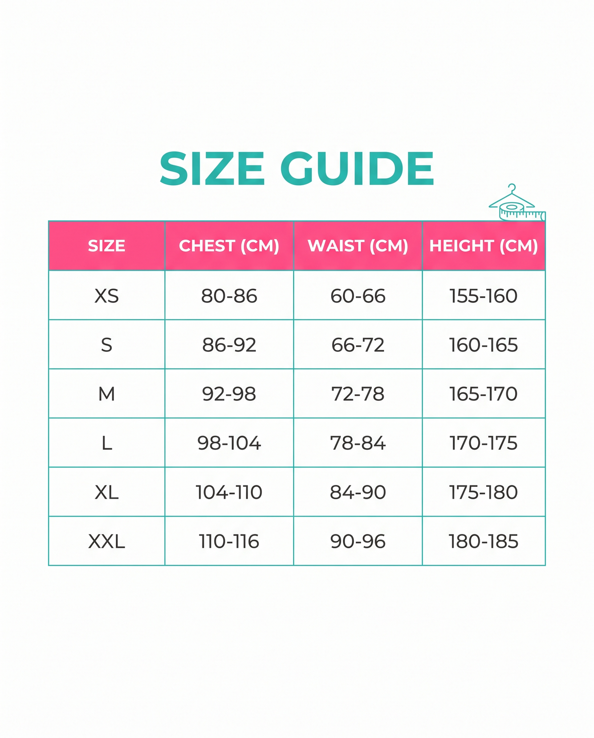 Size guide XS to XXL