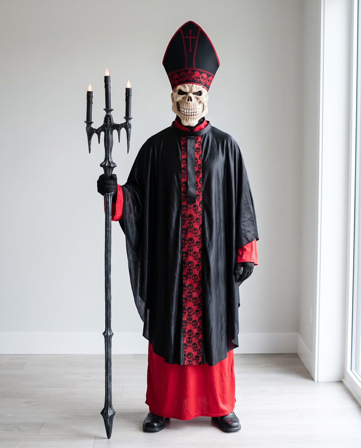 Person wearing skeleton cardinal costume