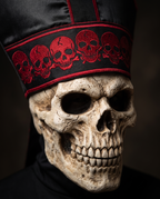 Detail of skull mask and tall hat