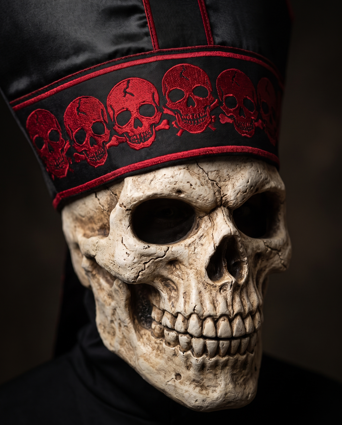Detail of skull mask and tall hat