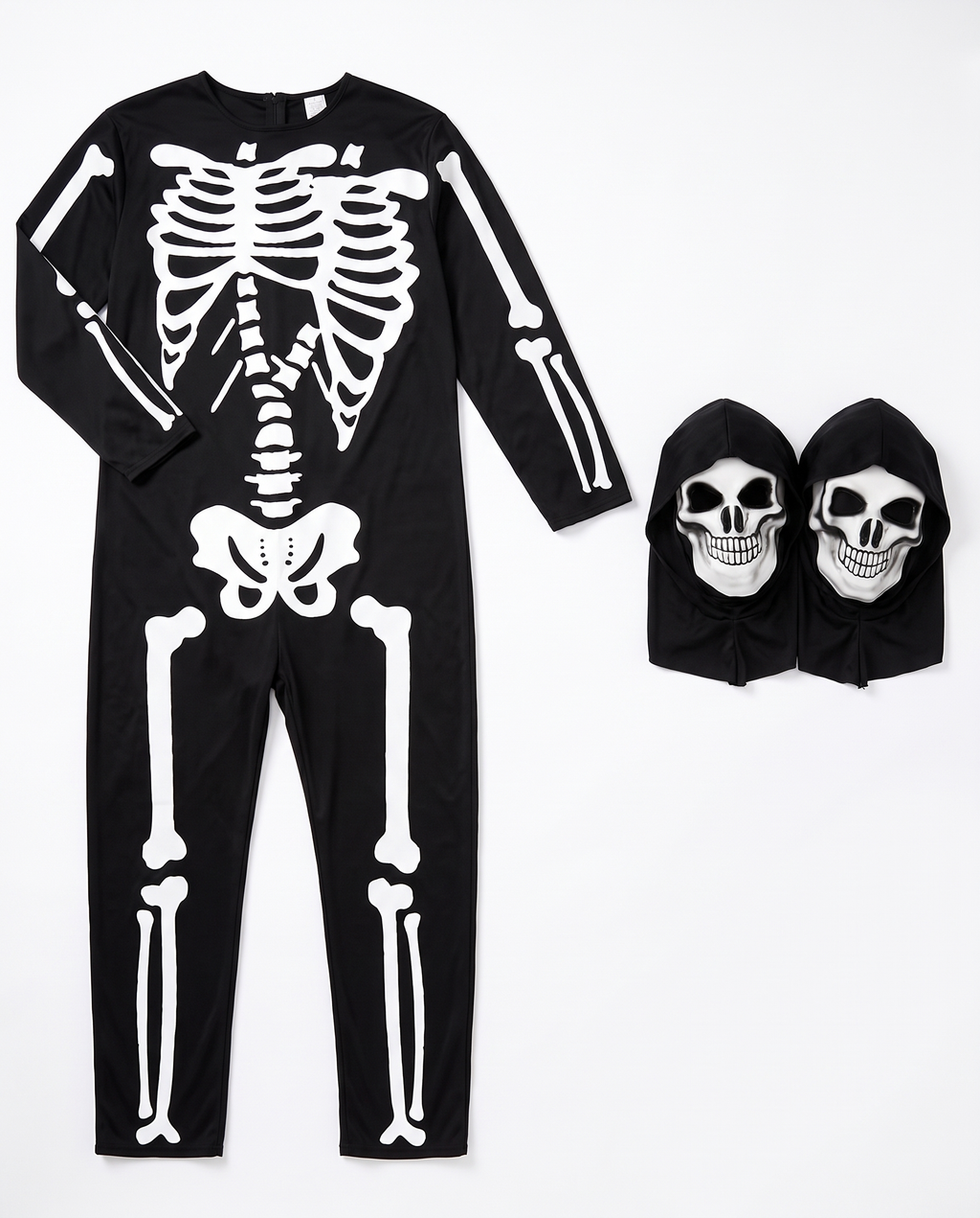 Two-headed skeleton jumpsuit and mask flat lay