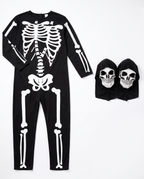 Two-headed skeleton jumpsuit and mask flat lay