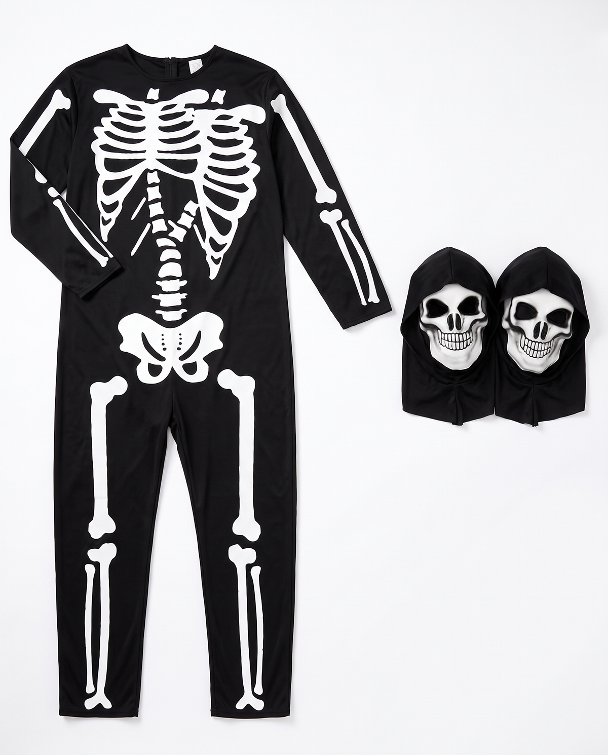 Two-headed skeleton jumpsuit and mask flat lay