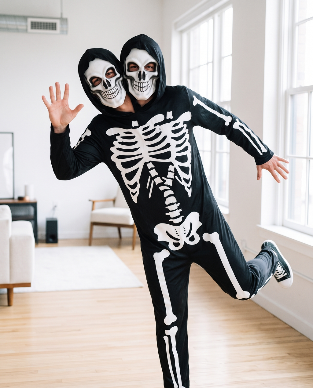 Person wearing two-headed skeleton costume