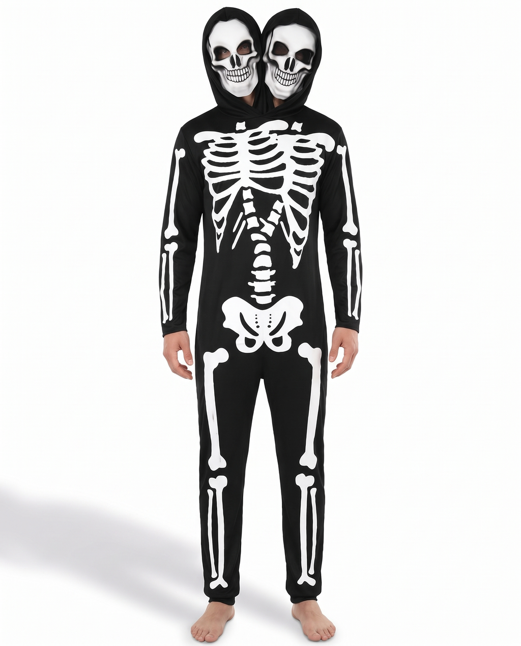 Two-headed skeleton costume on white background