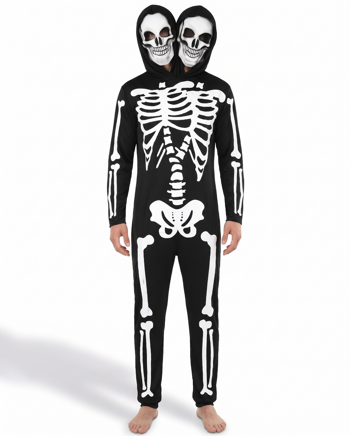 Two-headed skeleton costume on white background