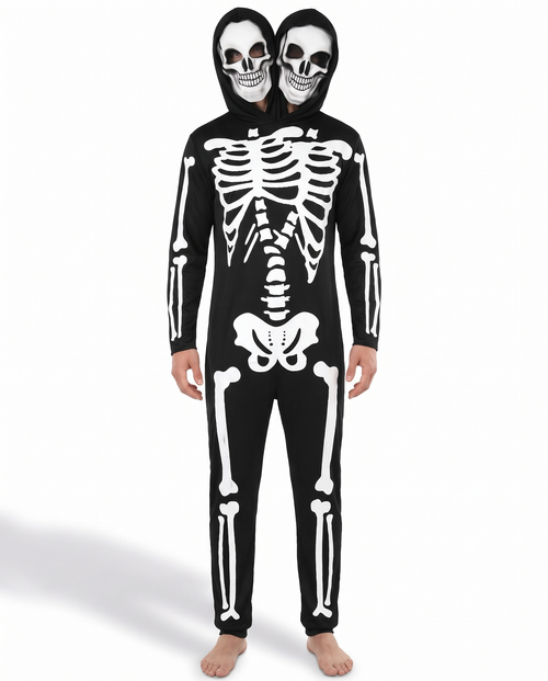 Two-headed skeleton costume on white background