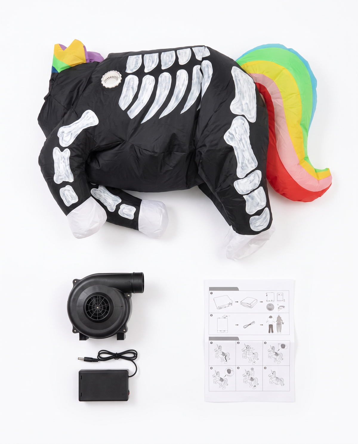 Inflatable unicorn suit with pump, battery pack and instructions