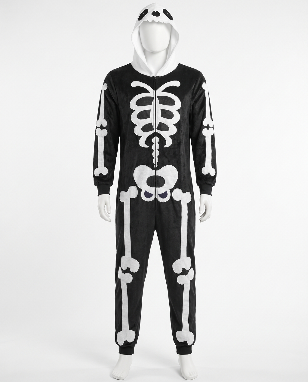 Skull hood skeleton onesie on white background