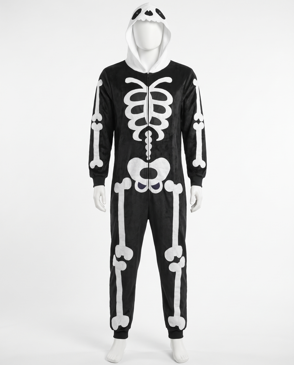 Skull hood skeleton onesie on white background