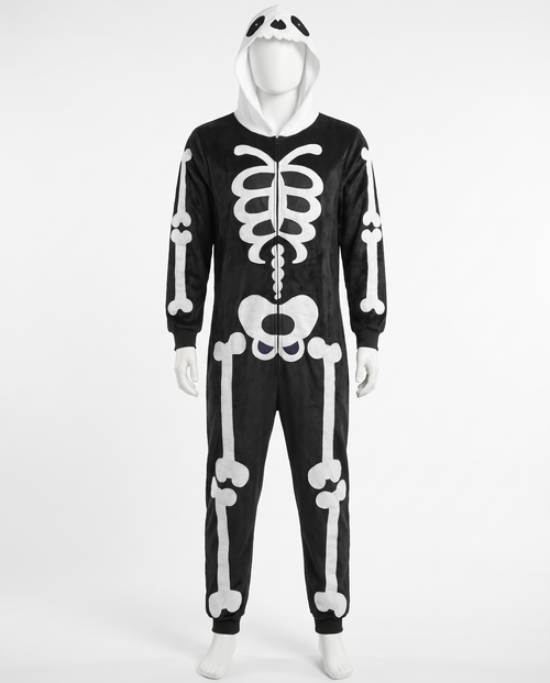 Skull hood skeleton onesie on white background