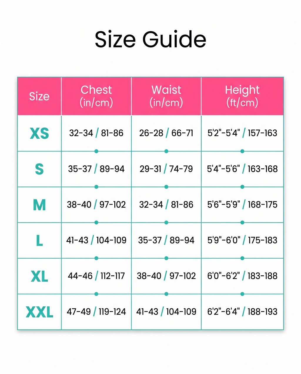 Size guide XS to XXL