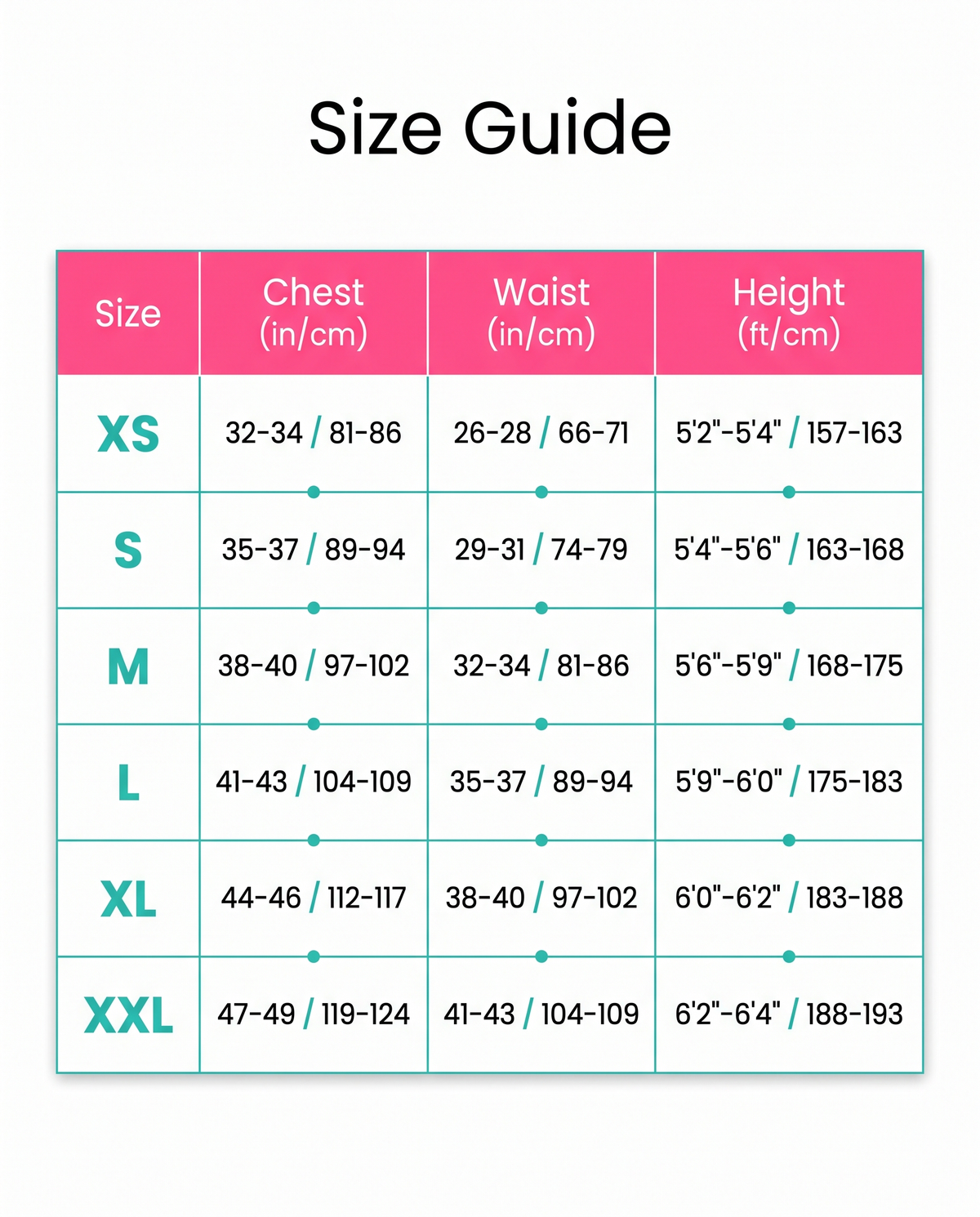 Size guide XS to XXL