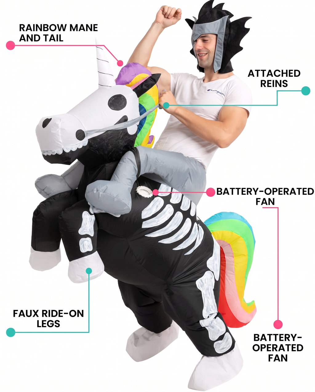 Feature callouts for ride-on unicorn costume