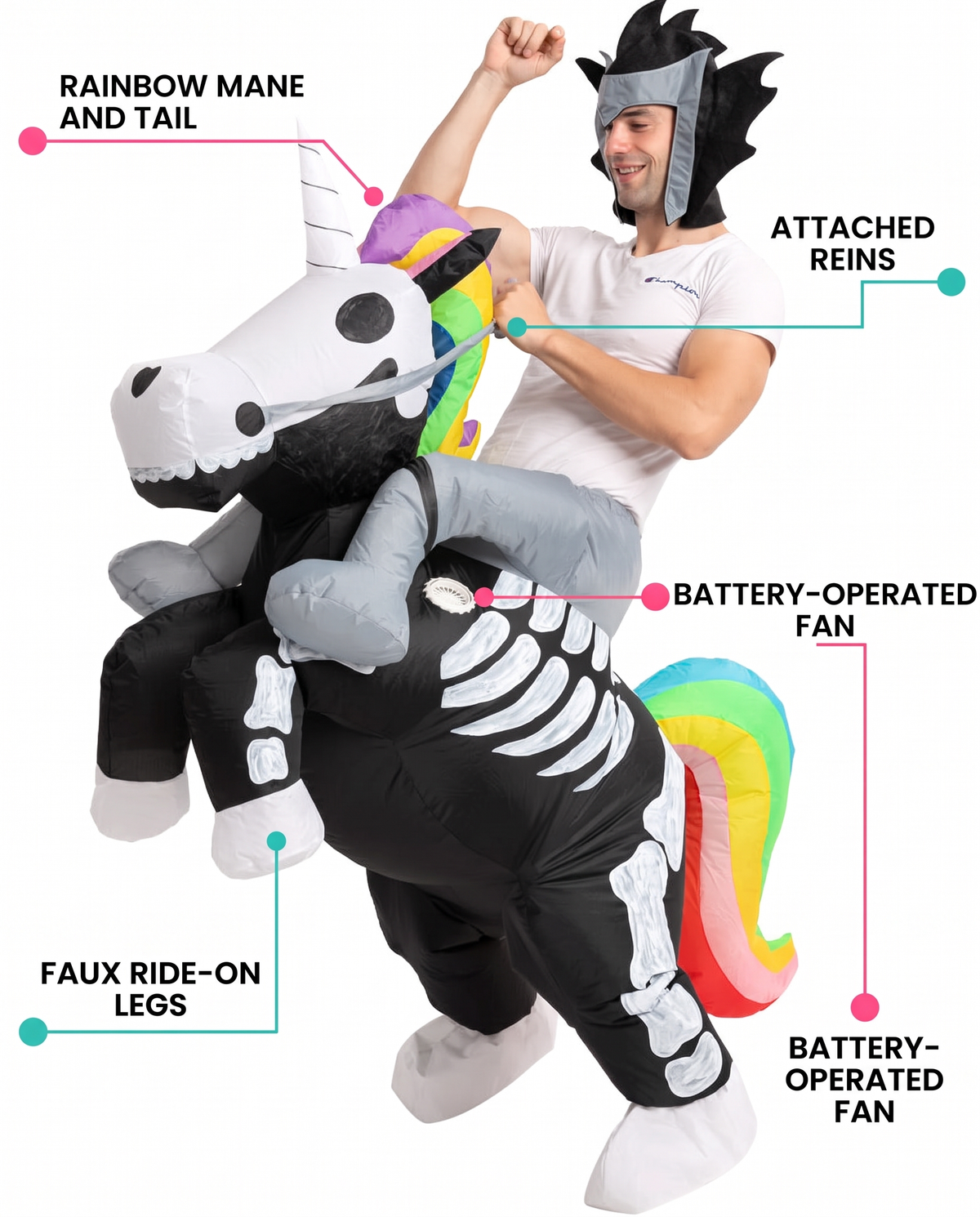 Feature callouts for ride-on unicorn costume