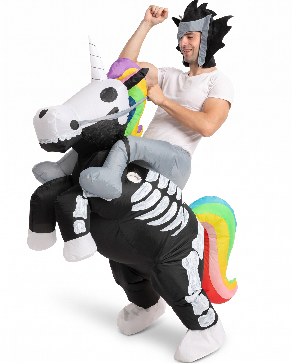 Ride-on skeleton unicorn costume on white background