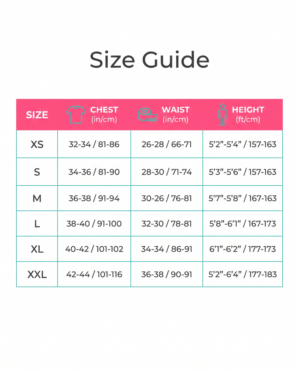 Size guide XS to XXL