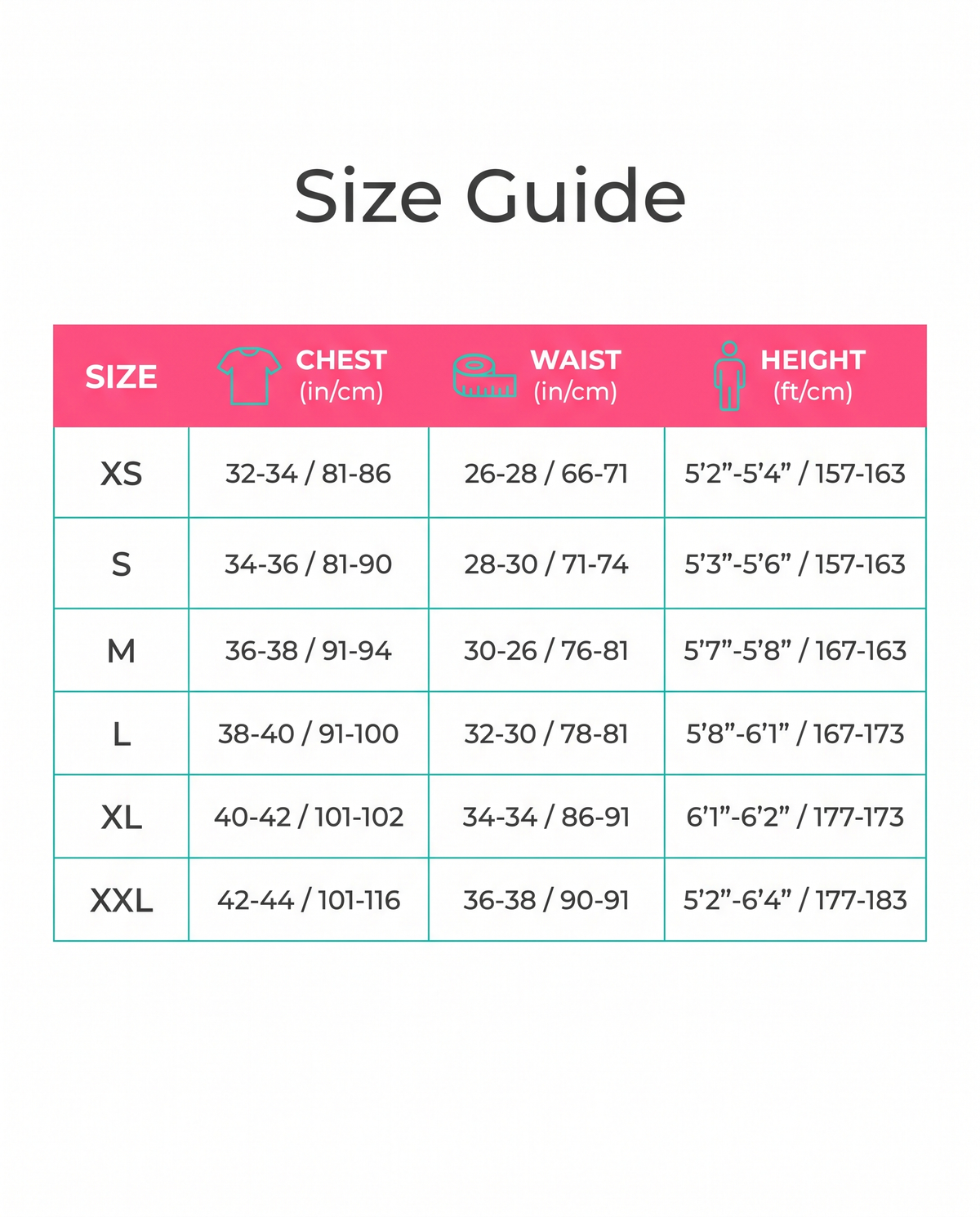 Size guide XS to XXL