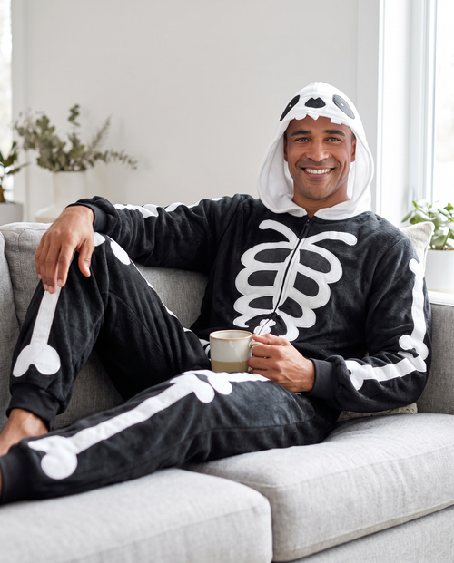 Person wearing skull hood skeleton onesie