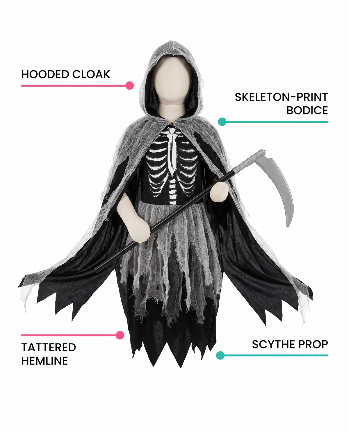 Feature callouts for girls grim reaper dress