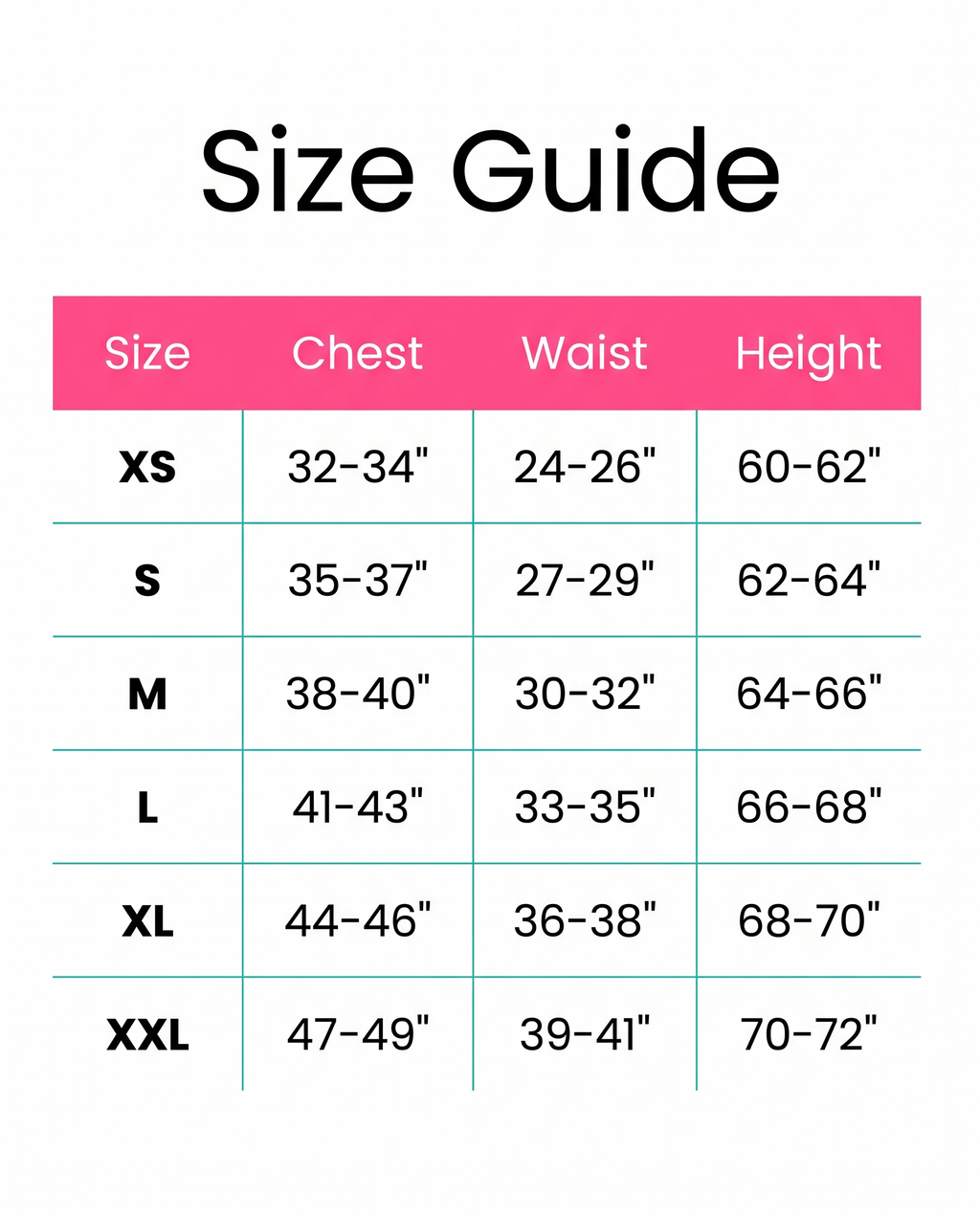 Size guide XS to XXL
