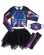 Neon skeleton jumpsuit and face mask flat lay