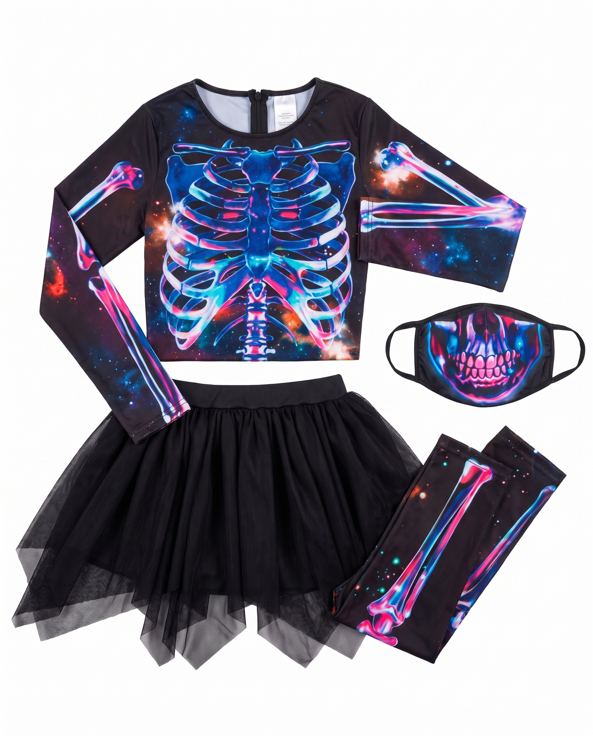 Neon skeleton jumpsuit and face mask flat lay